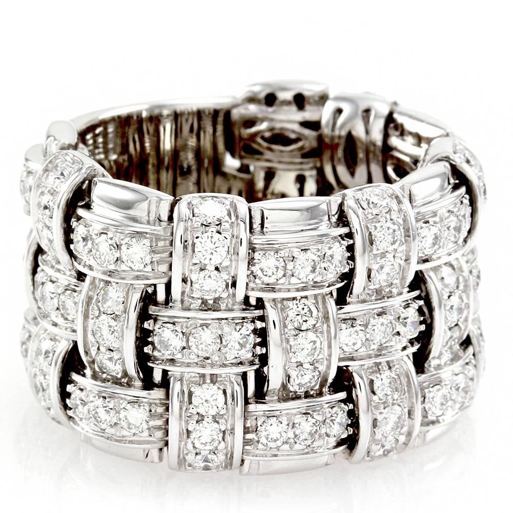 Roberto Coin Appassionata collection pavé diamond basketweave cigar band ring in high polished 18K white gold. There are ninety-nine round brilliant cut diamonds (1.64ctw) with a color of G-H and a clarity of VS2. The diamonds are bead set. The