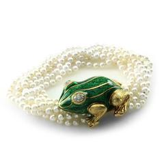Akoya Pearl Bracelet w/ Enamel & Pavé Diamond Frog Clasp in 18K Yellow Gold