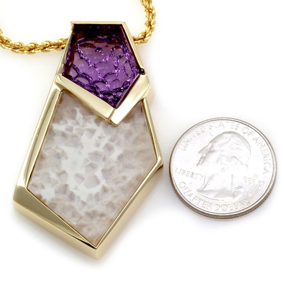 Carved Amethyst & White Quartz Druzy Geometric Drop Necklace in 14K Yellow Gold In Excellent Condition In Scottsdale, AZ