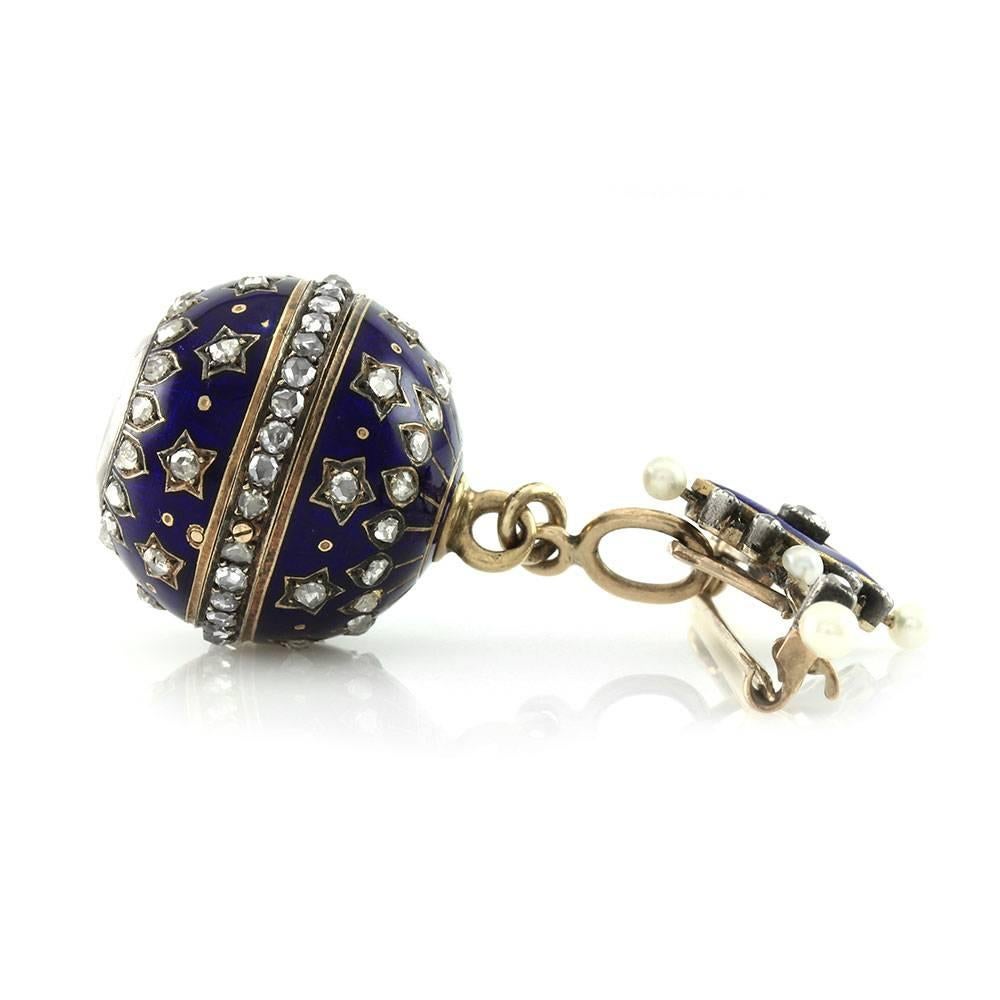 Antique Blue Enamel Diamond Orb Ball Lapel Watch In Excellent Condition For Sale In Scottsdale, AZ