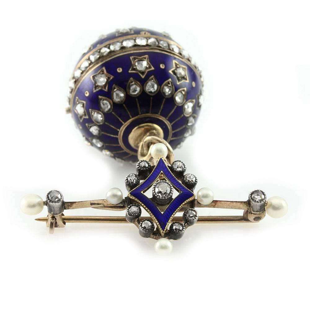 Women's Antique Blue Enamel Diamond Orb Ball Lapel Watch For Sale