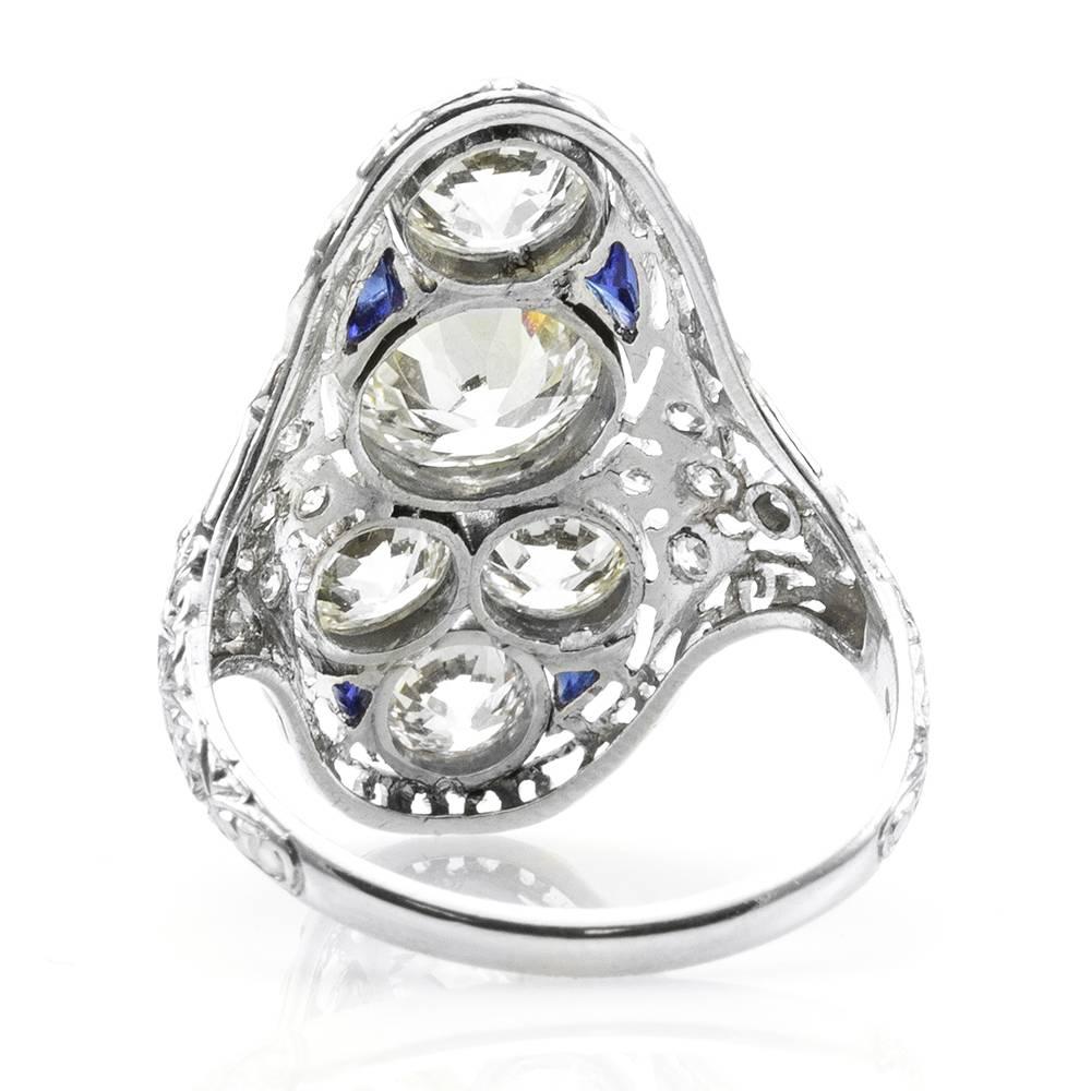 Antique Edwardian Elongated Diamond Ring with Sapphire Accents in Platinum For Sale 2