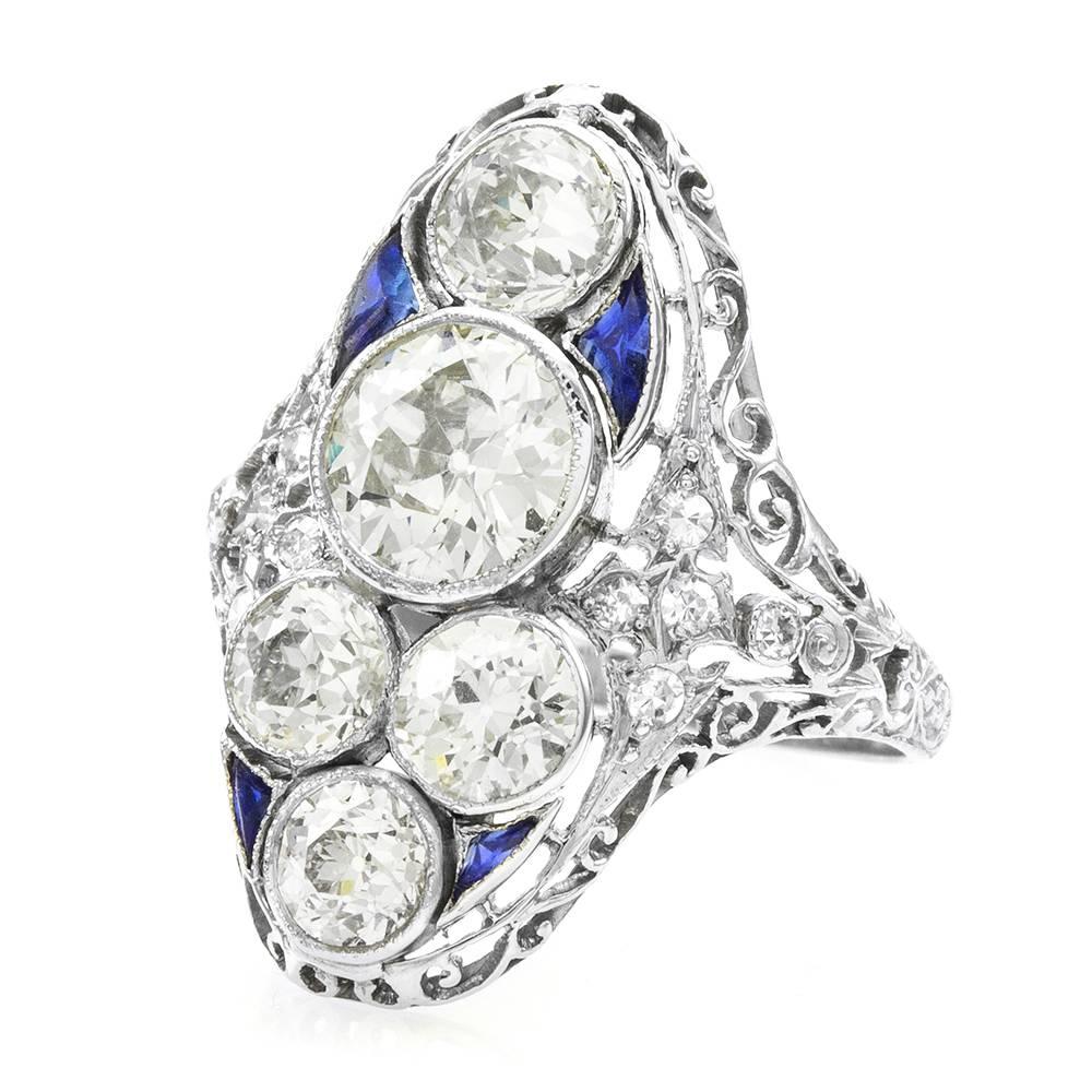 Old European Cut Antique Edwardian Elongated Diamond Ring with Sapphire Accents in Platinum For Sale