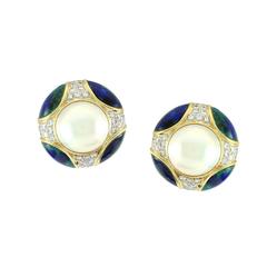 Vintage Mabe Pearl, Diamond Pavé & Azurite Inlay Button Earrings 18K Gold