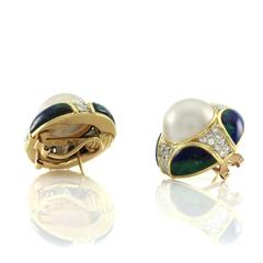 Vintage Mabe Pearl, Diamond Pavé & Azurite Inlay Button Earrings 18K Gold