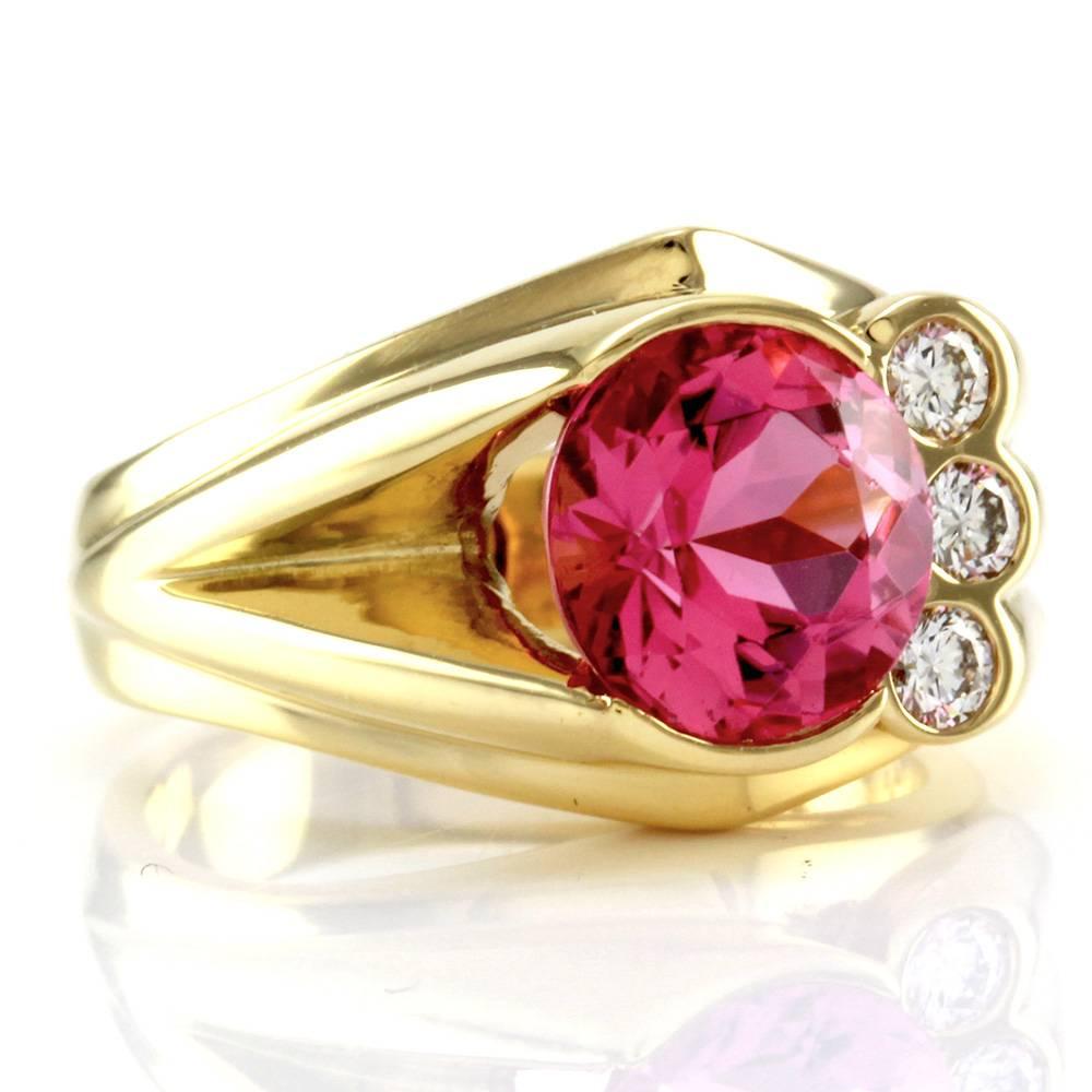 Designer Michael Tatom Pink Tourmaline & Diamond Ring in 18K Yellow Gold For Sale