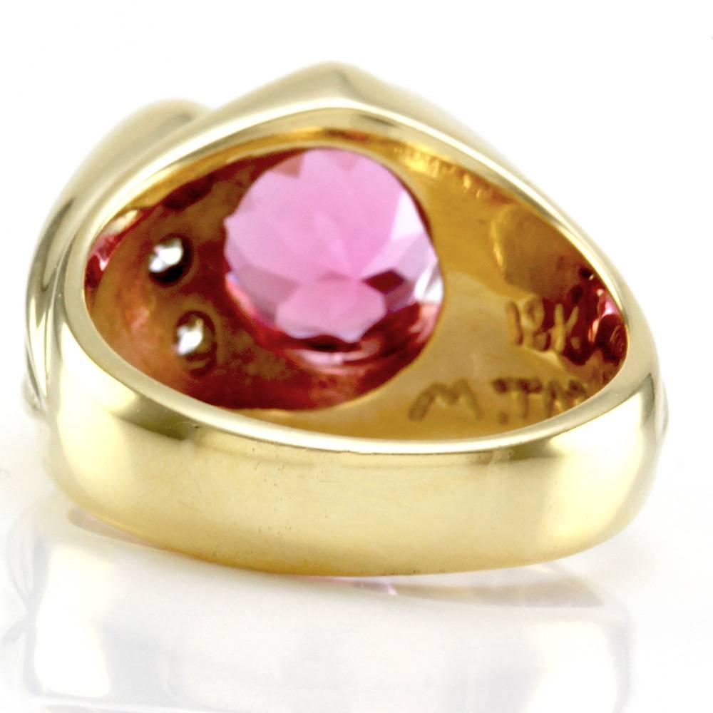 Designer Michael Tatom Pink Tourmaline & Diamond Ring in 18K Yellow Gold For Sale 3