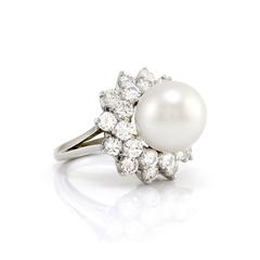White South Sea Pearl and Platinum Ring with Diamond Halo