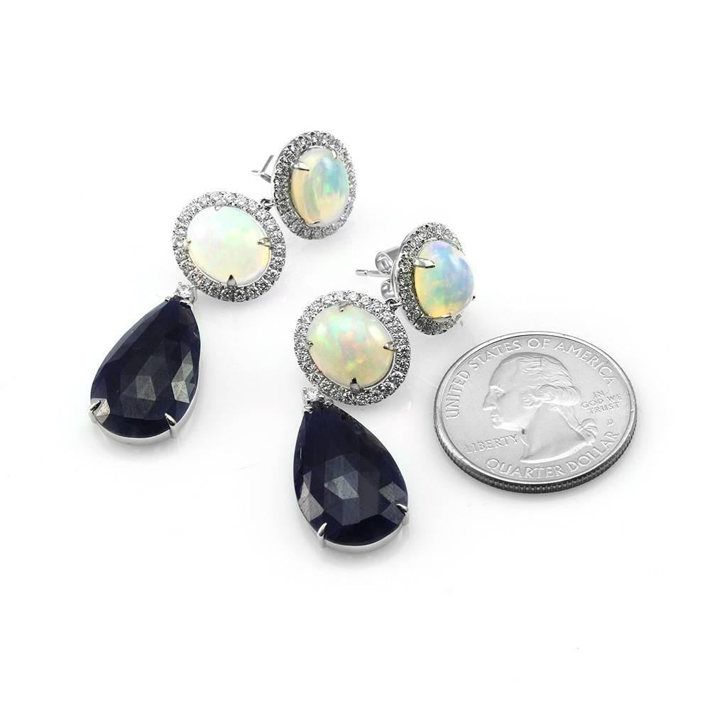 Opal, Blue Sapphire, and Pavé Diamond Earrings in Gold In New Condition In Scottsdale, AZ