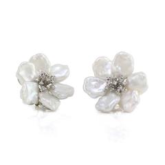 White Rose Freshwater Pearl and Diamond Flower Earrings