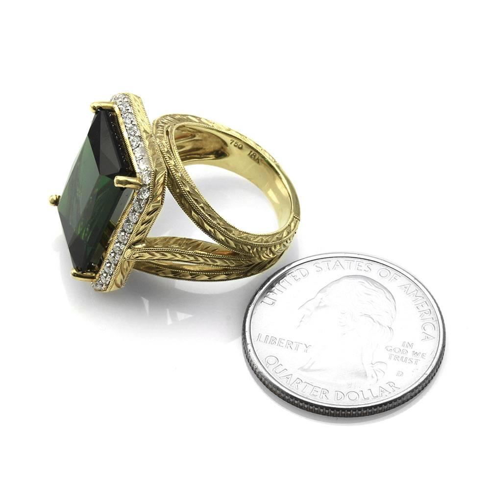 Fancy Emerald Cut Green Tourmaline and Pavé Diamond Ring For Sale 2