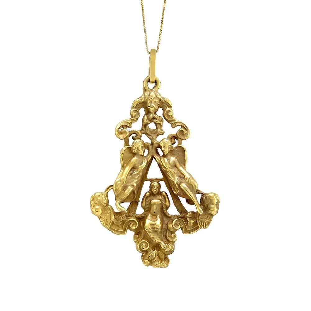 Art Nouveau Hand Crafted Gold Angel Pendant For Sale
