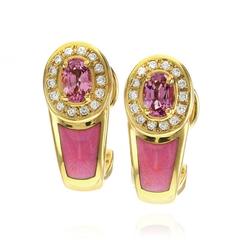 Faberge Pink Sapphire and Diamond Halo Gold Earrings with Enamel