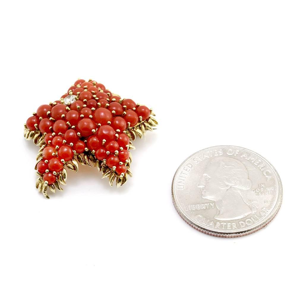 Women's 1960s Tiffany & Co. Coral Diamond Gold Starfish Cluster  Brooch For Sale