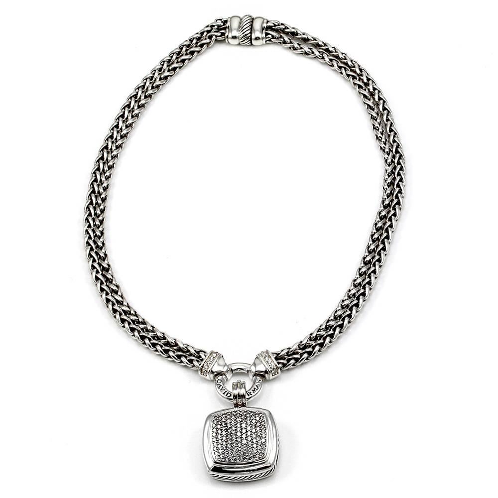 David Yurman Albion pavé diamond pendant/ enhancer on double wheat chain with diamonds set in sterling silver. There are one hundred twenty-three round brilliant cut diamonds (2.32ctw) with a color of I-J and a clarity of VS2-SI1. The diamonds are