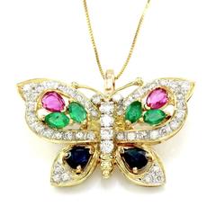 Ruby, Sapphire, Emerald & Diamond Butterfly Pendant/ Enhancer 14K Gold