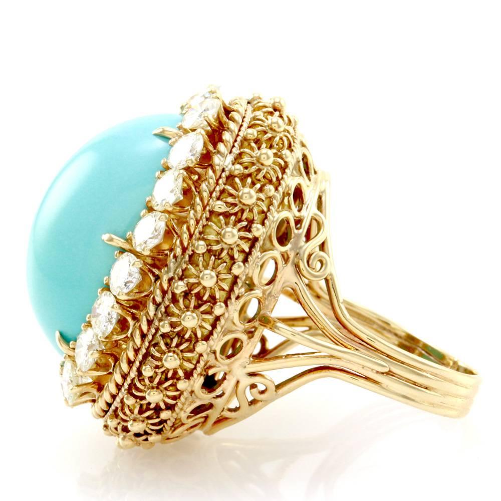 Persian Turquoise Cabochon Diamond Halo Gold Ring  In Excellent Condition For Sale In Scottsdale, AZ