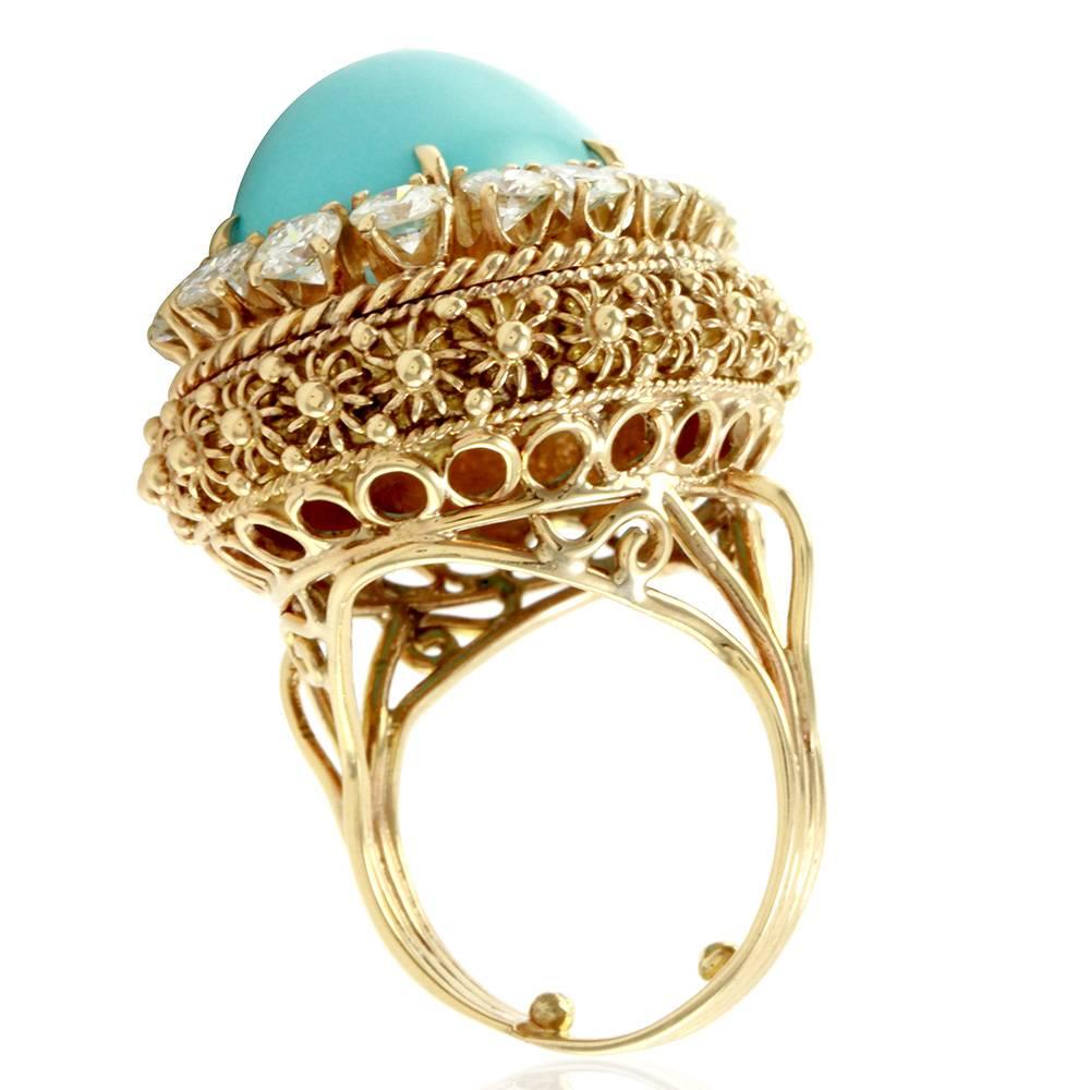 Women's Persian Turquoise Cabochon Diamond Halo Gold Ring  For Sale
