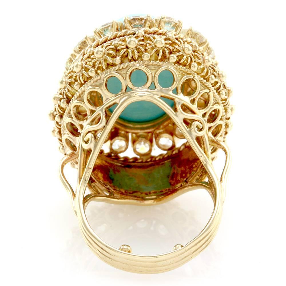 Persian Turquoise Cabochon Diamond Halo Gold Ring  For Sale 1