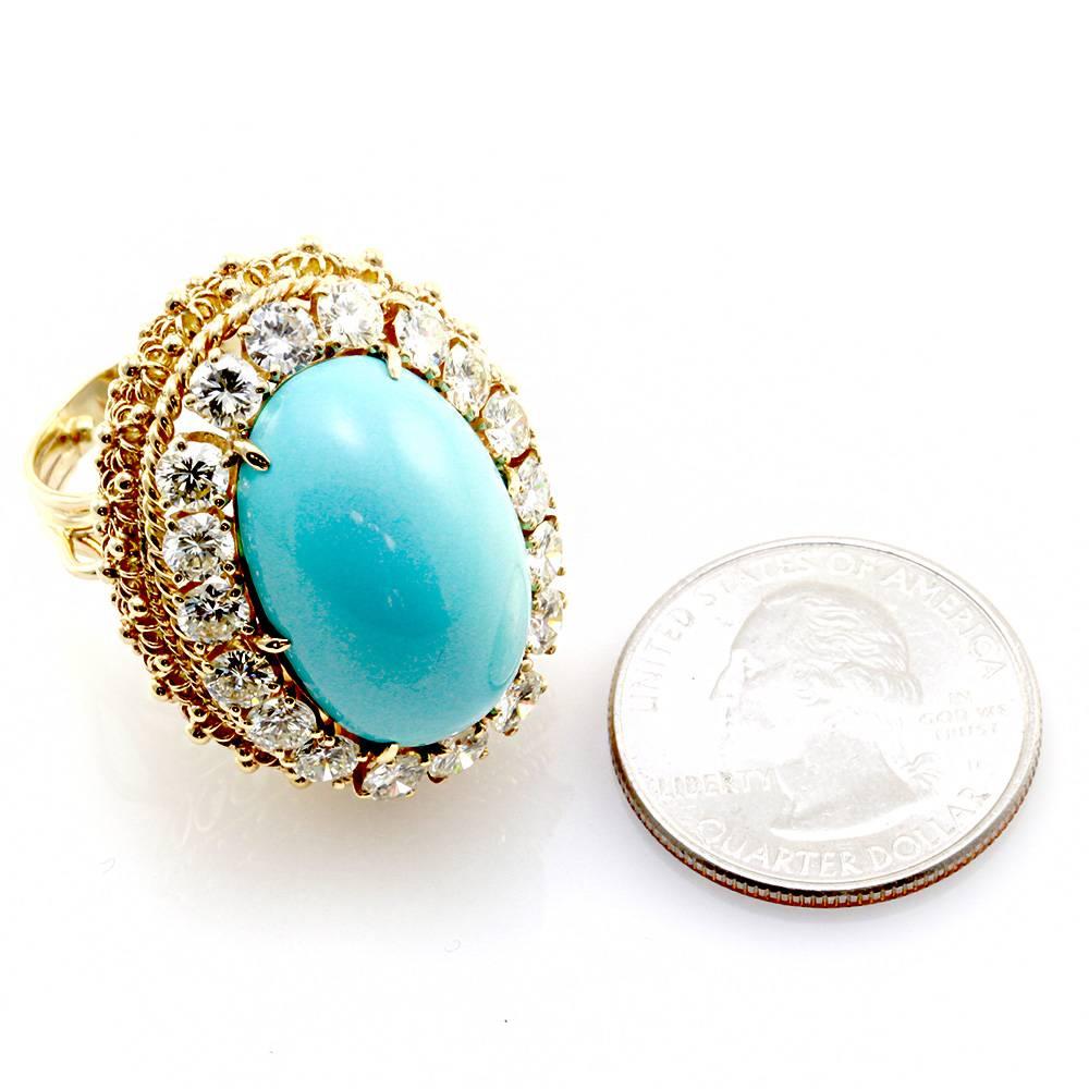 Persian Turquoise Cabochon Diamond Halo Gold Ring  For Sale 2