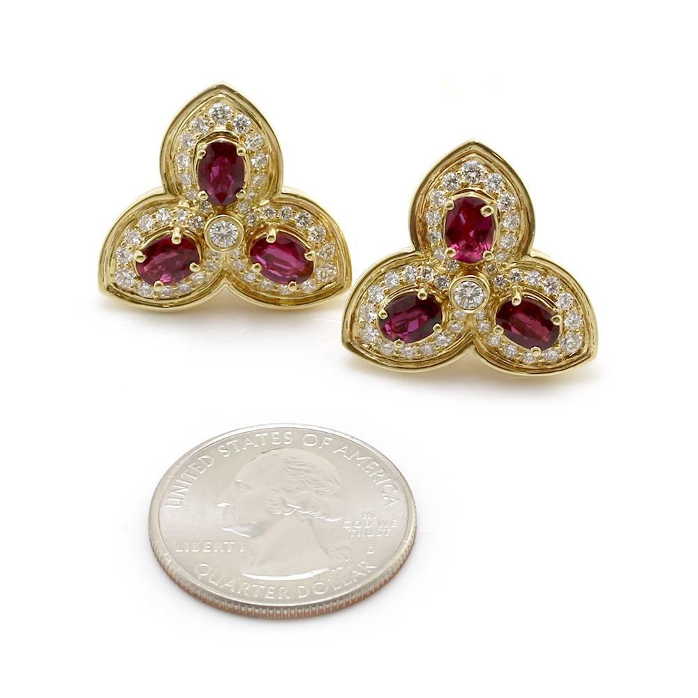 Women's Hammerman Brothers Ruby Pave Diamond Gold Trefoil Earrings  For Sale