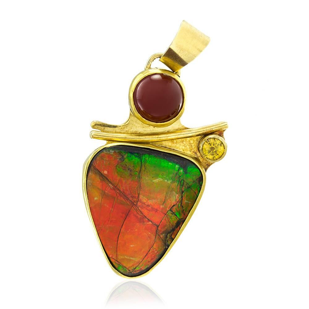Artisian Jan McClelland Handmade Ammolite, Chrysoberyl and Gold Pendant For Sale
