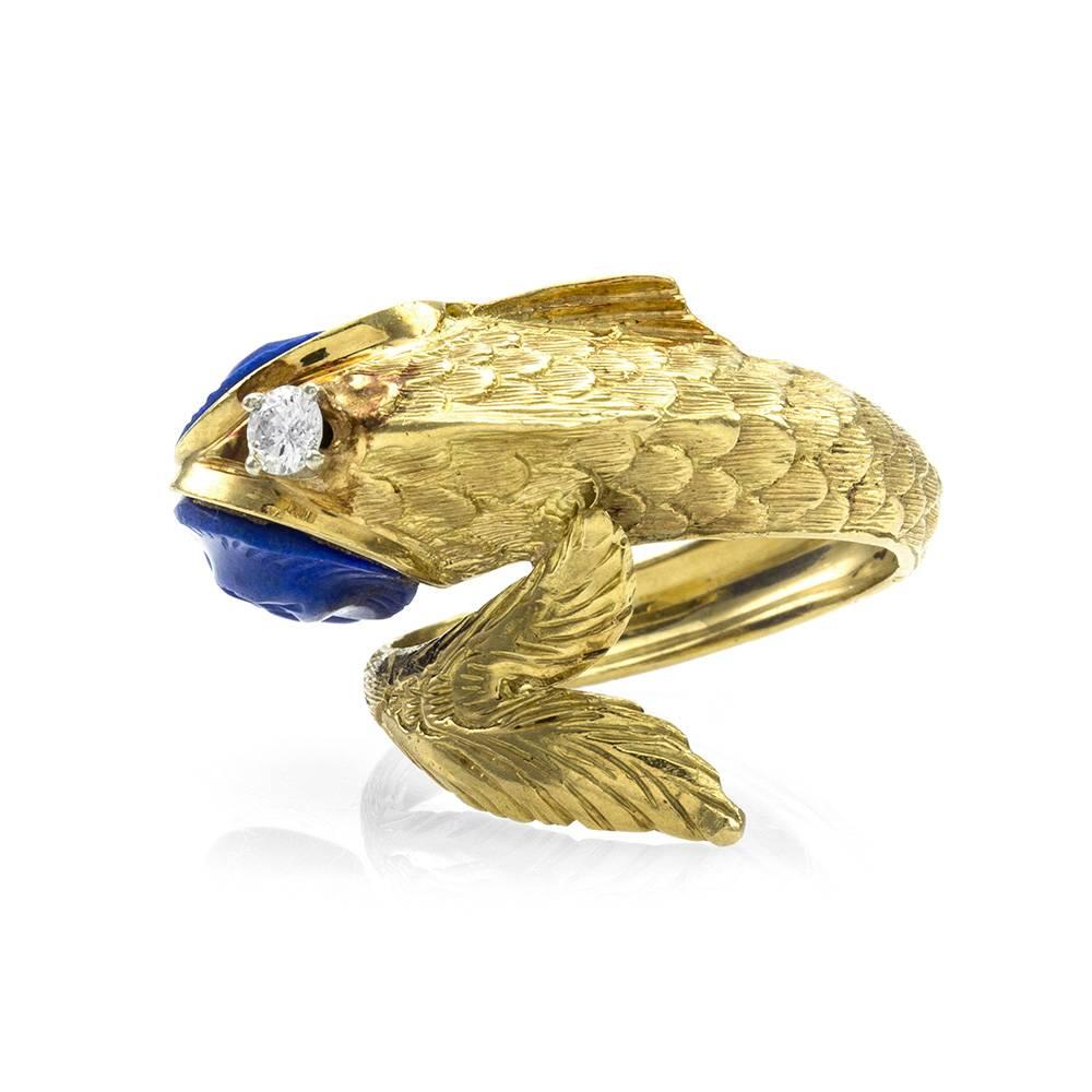 Women's Carved Lapis Gold Hand Etched Detailed Fish Ring with Diamond Accent