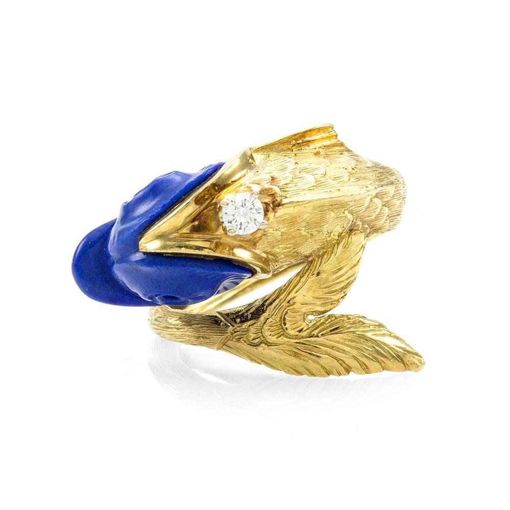 Carved Lapis Gold Hand Etched Detailed Fish Ring with Diamond Accent In Excellent Condition In Scottsdale, AZ