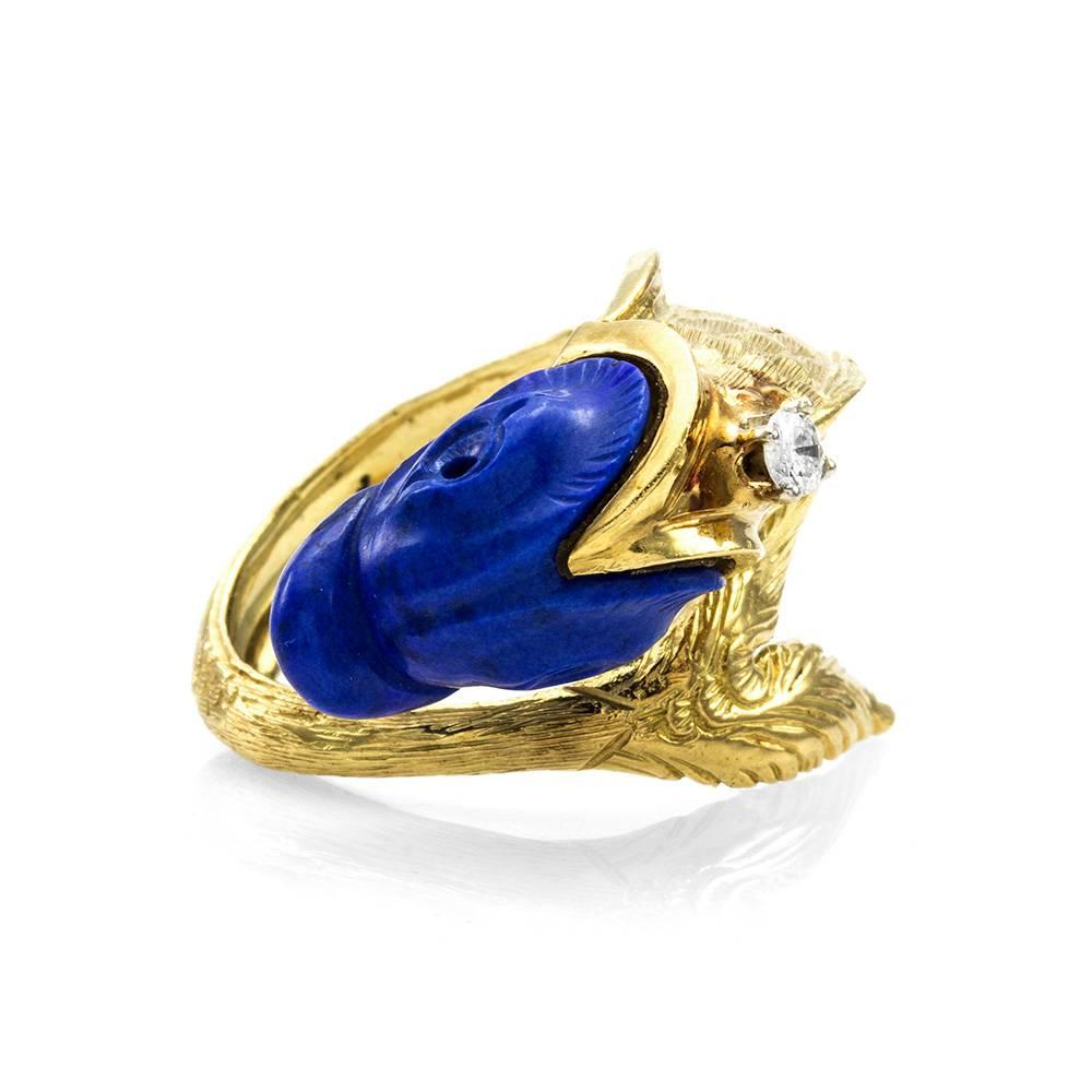 Carved Lapis Gold Hand Etched Detailed Fish Ring with Diamond Accent 2