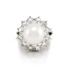 White South Sea Pearl and Platinum Ring with Diamond Halo