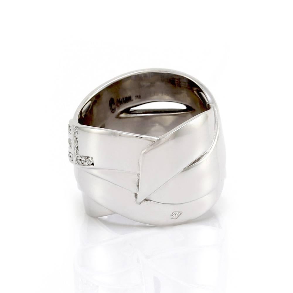 Women's Chanel Micro-Pavé Diamond White Gold Crossover Logo Band Ring For Sale