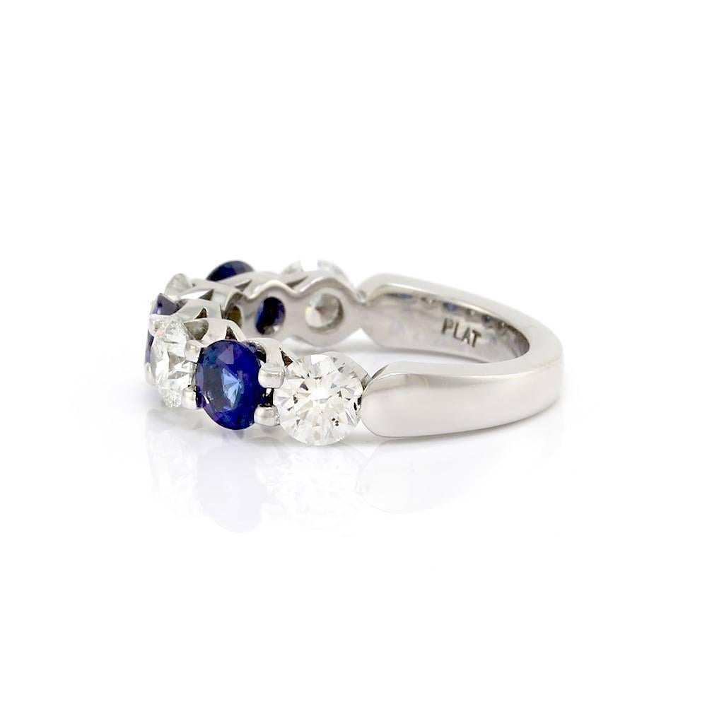 Seven-Stone Sapphire Diamonds Platinum Anniversary Band Ring In Excellent Condition For Sale In Scottsdale, AZ