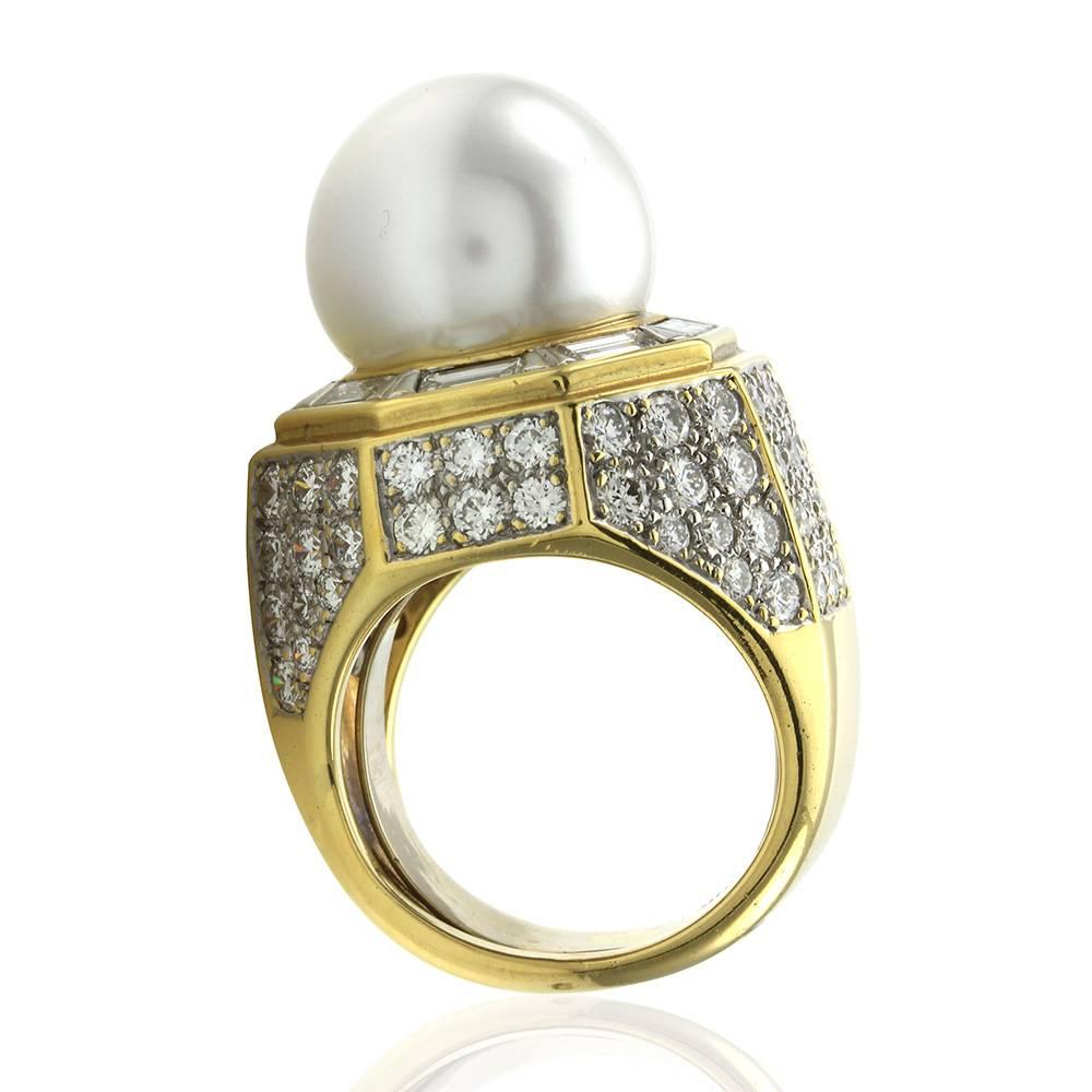 Women's South Sea Pearl and Gold Ring with Mixed Cut Diamonds For Sale