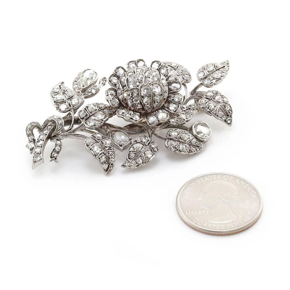Antique Silver and Gold Rose Cut Diamond Tremble Flower Brooch For Sale 2