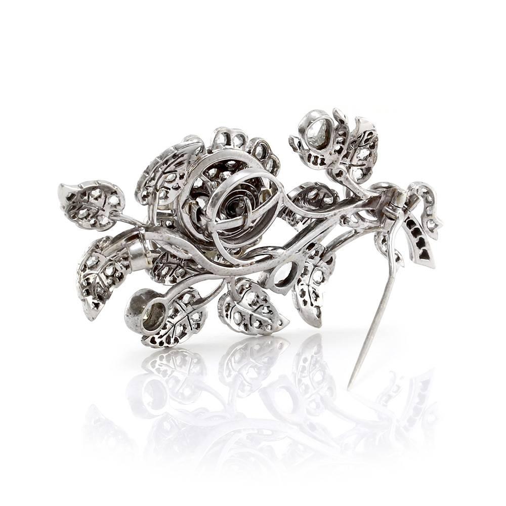 Antique Silver and Gold Rose Cut Diamond Tremble Flower Brooch For Sale 1