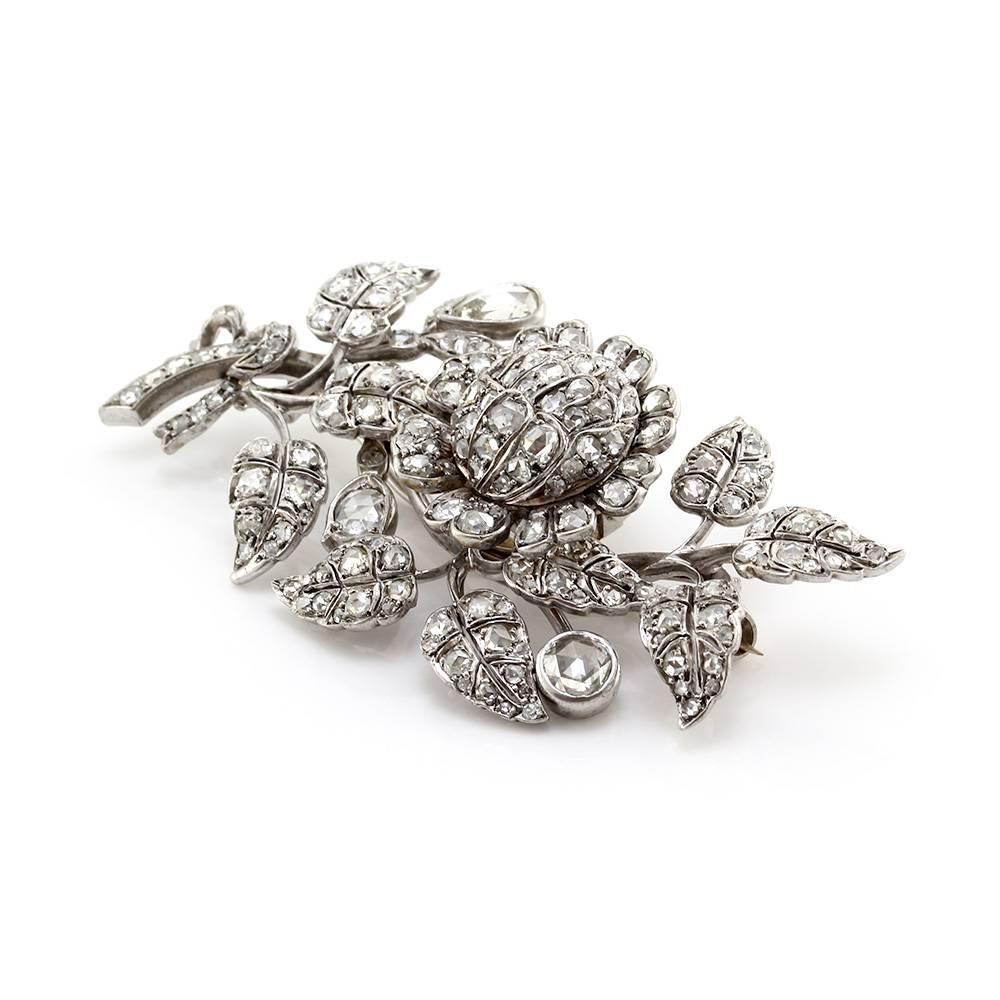 Antique Silver and Gold Rose Cut Diamond Tremble Flower Brooch In Excellent Condition For Sale In Scottsdale, AZ