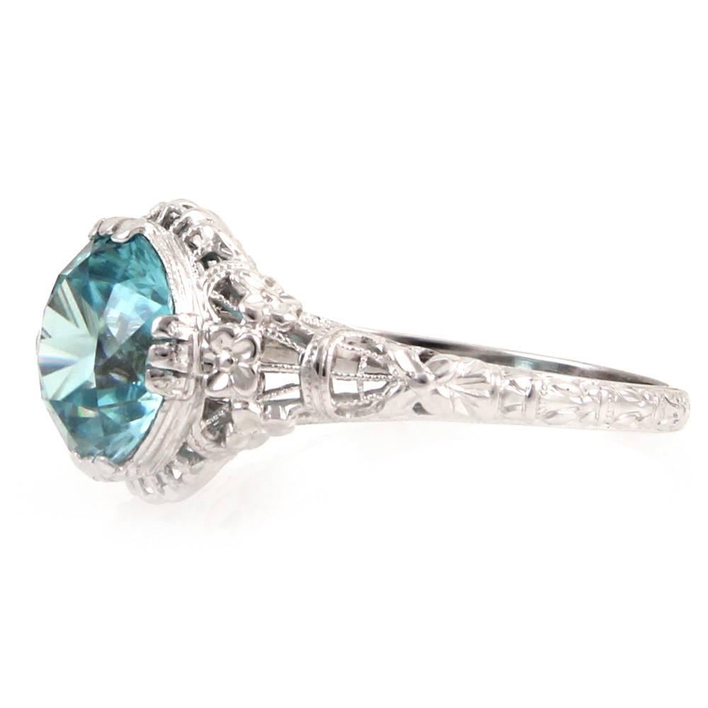 Upcycled Blue Zircon Solitaire Gold Filigree Ring In Excellent Condition In Scottsdale, AZ