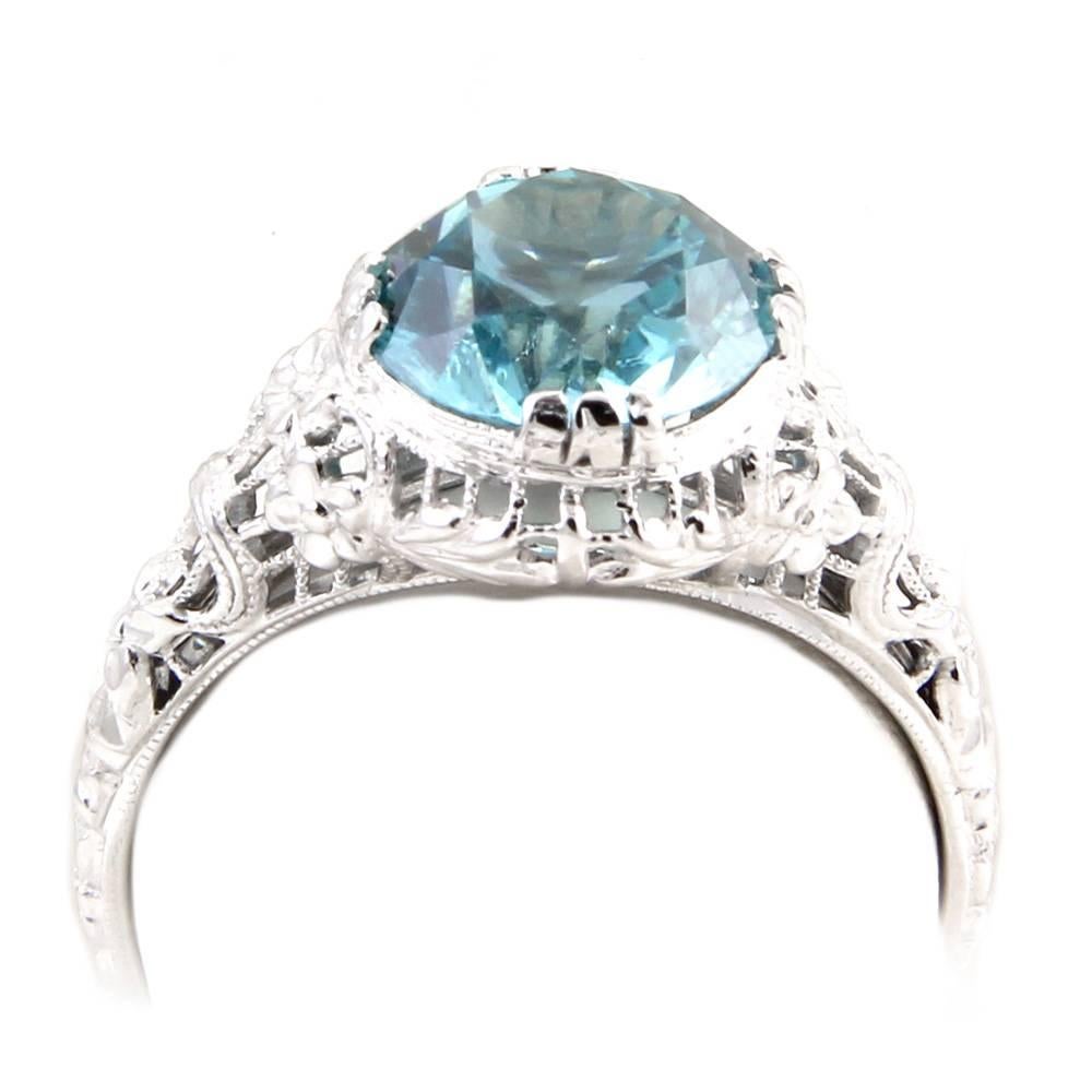 Women's Upcycled Blue Zircon Solitaire Gold Filigree Ring