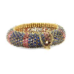 Ruby and Blue Sapphire Cluster Dome Gold Bracelet with Diamond Accent
