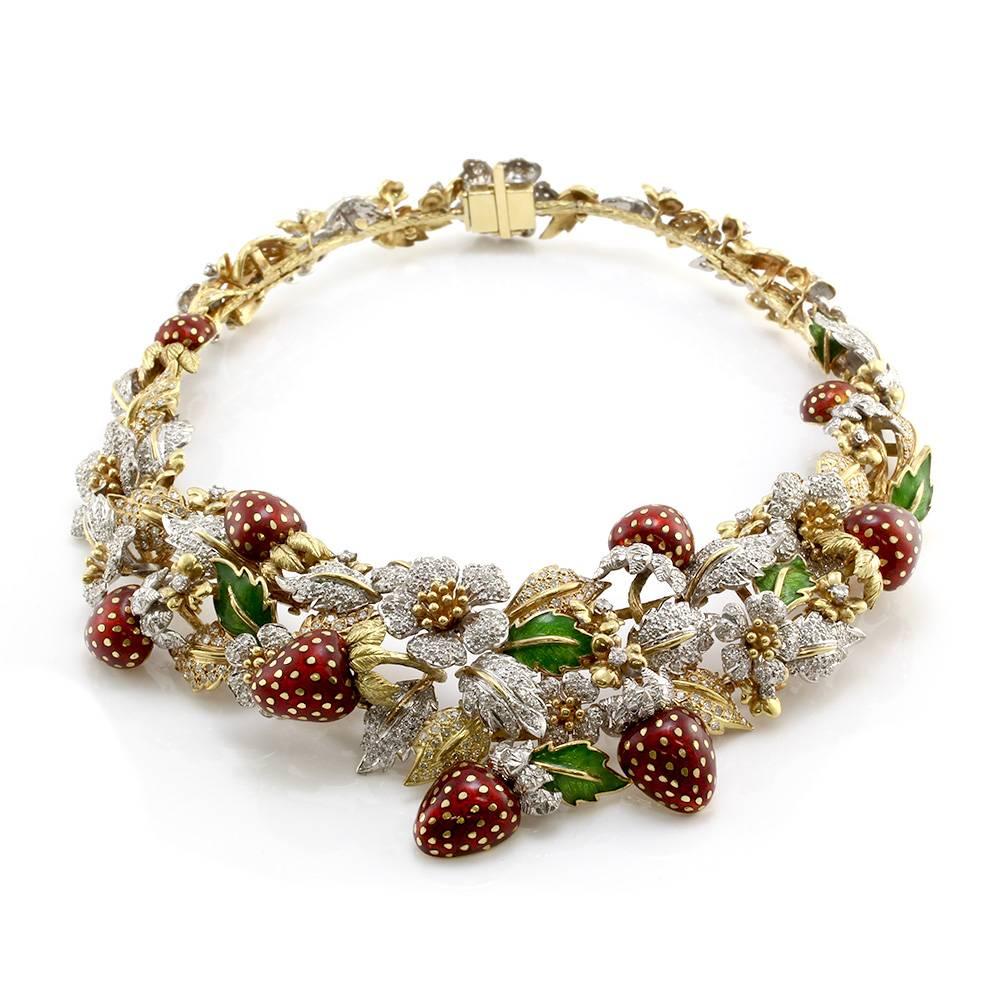 Mid-century pavé diamond and enamel strawberry and flower collar necklace set in 18K gold with movable parts. There are one thousand fifty-nine round single and brilliant cut diamonds total (11.85ctw) with a color of G-H and a clarity of VS2-SI1.