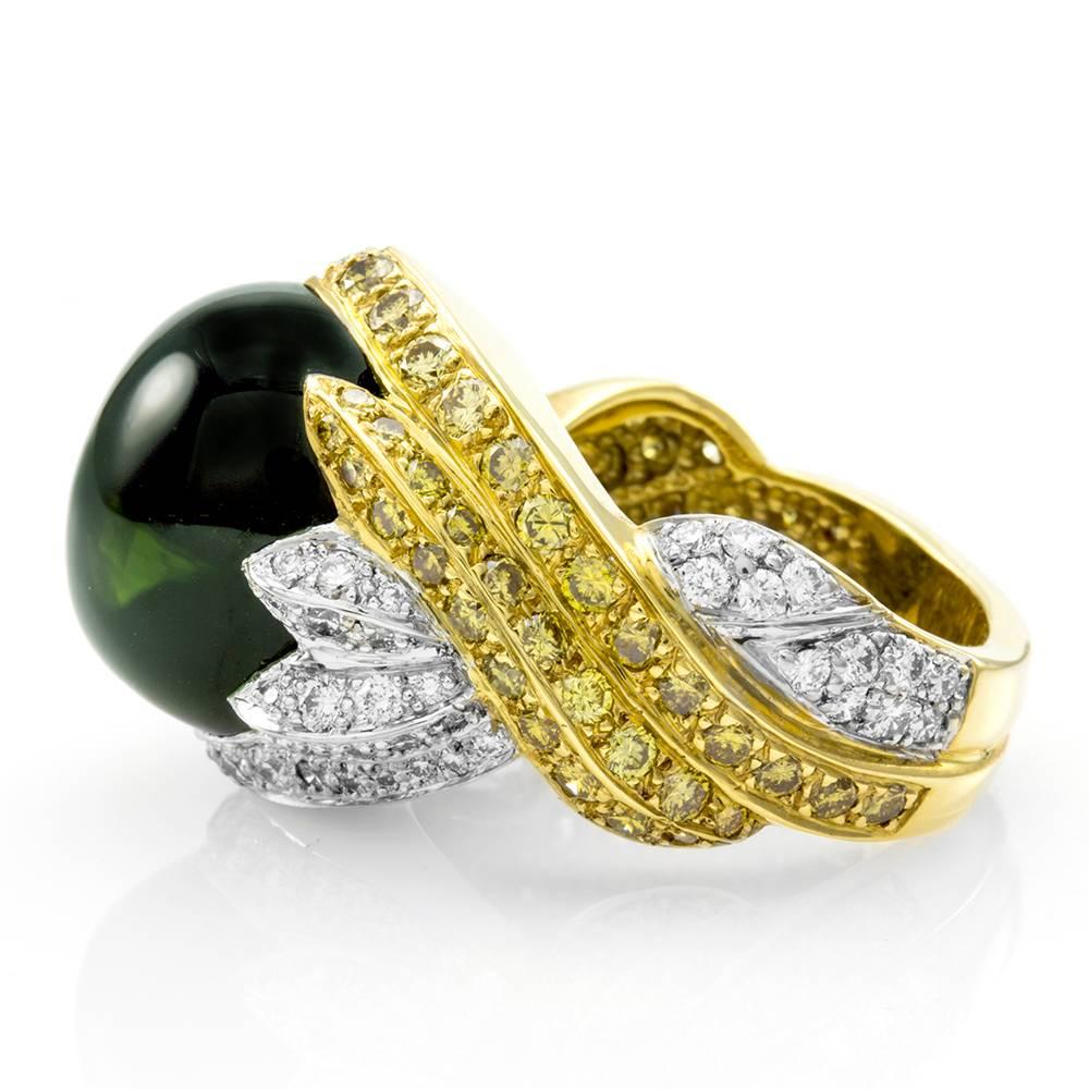 Women's Marshall Cabochon Green Tourmaline Yellow and White Pavé Diamonds Gold Ring  For Sale