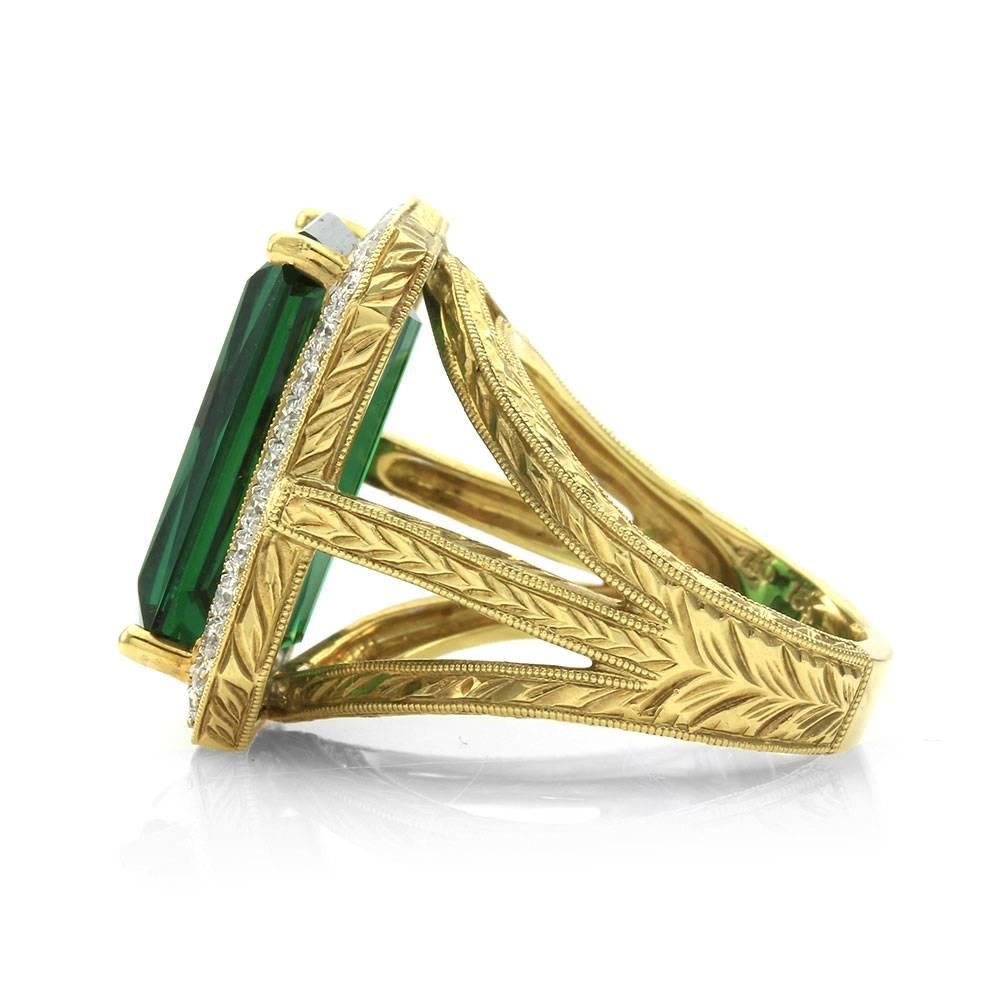 Women's Fancy Emerald Cut Green Tourmaline and Pavé Diamond Ring For Sale