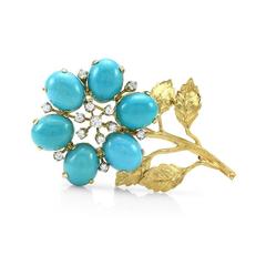 Cabochon Cut Turquoise and Diamond Flower Brooch