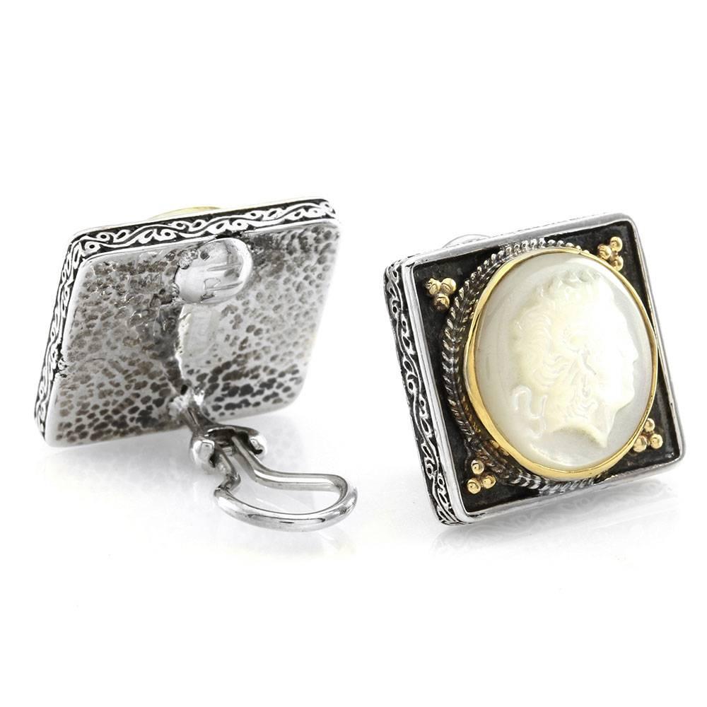 Konstantino Mother-of-Pearl Silver Gold Alexander the Great Cameo Earrings In New Condition For Sale In Scottsdale, AZ