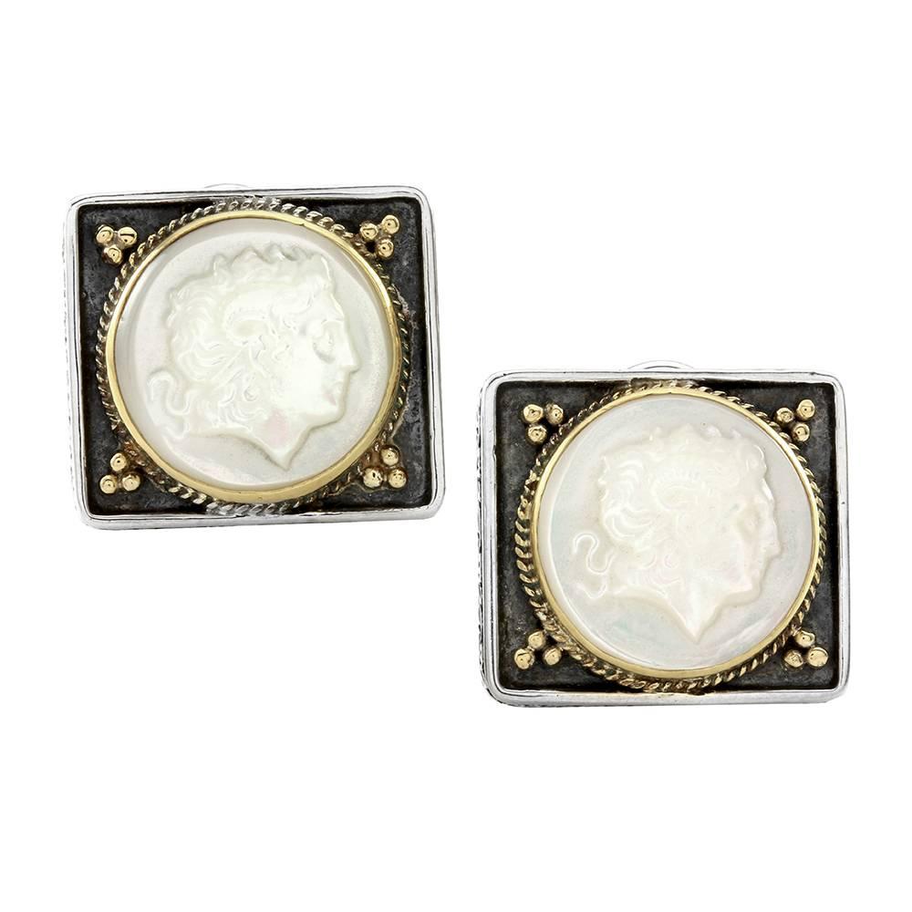 Konstantino Mother-of-Pearl Silver Gold Alexander the Great Cameo Earrings For Sale