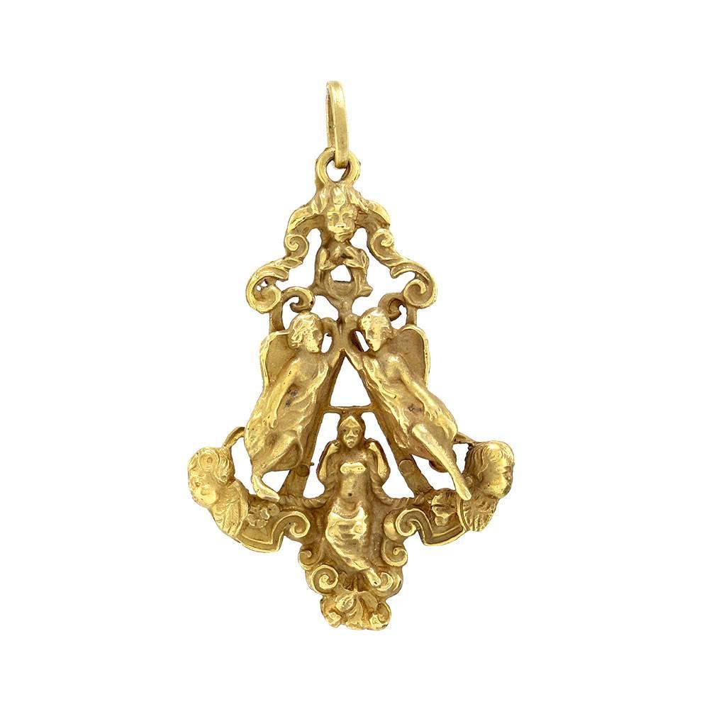 Antique Art Nouveau hand-crafted angel cherub pendant in 14K yellow gold. The bail opening measures 4.4mm. This pendant measures 54.7mm x 36.7mm, with a total weight of 17.9g/ 11.5dwt. *Chain not included.

Hallmark/Maker's Mark: None

Retail