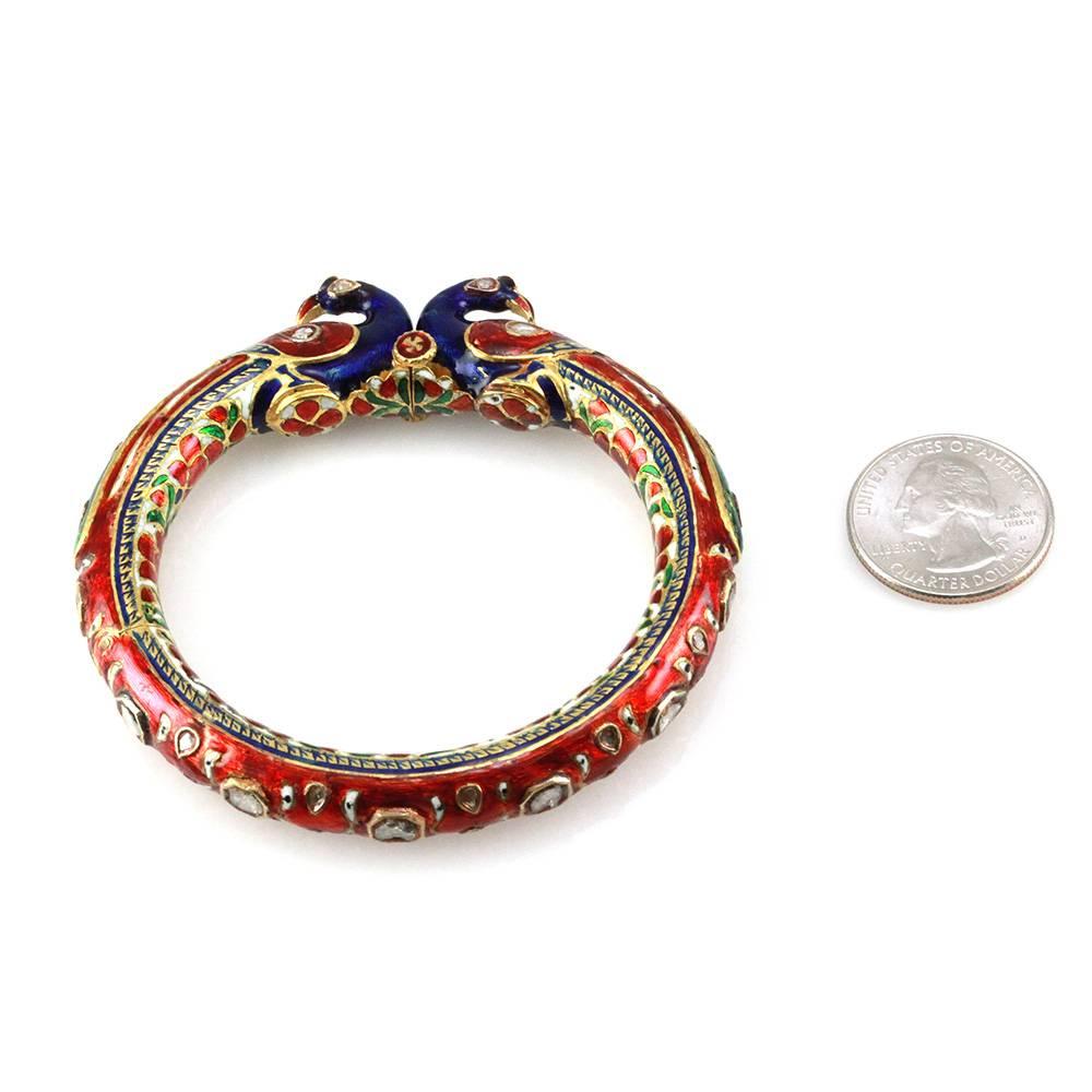 Hindu Enamel Rose Cut Diamond Peacock Gold Wedding Bangle Bracelet 4
