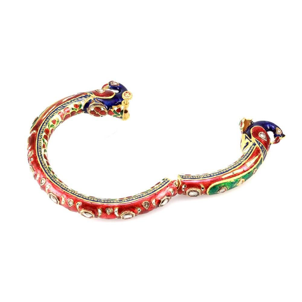 Hindu Enamel Rose Cut Diamond Peacock Gold Wedding Bangle Bracelet 3