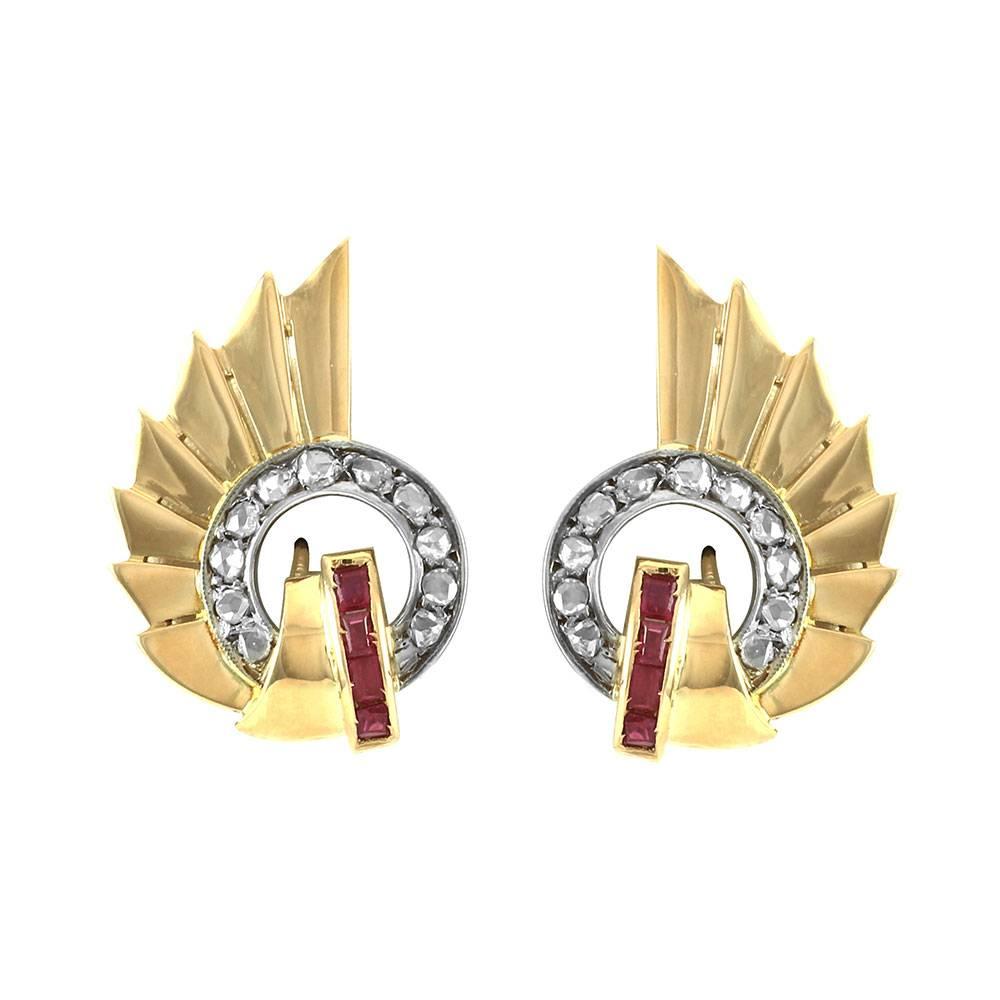 Art Deco Diamond and Synthetic Ruby Earrings in Gold For Sale