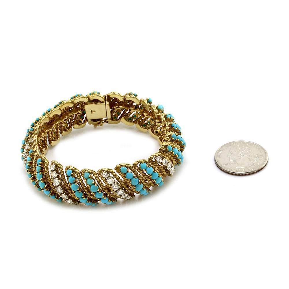 Turquoise Diamond Articulating Wide Bracelet with Rope Gold Details For Sale 1